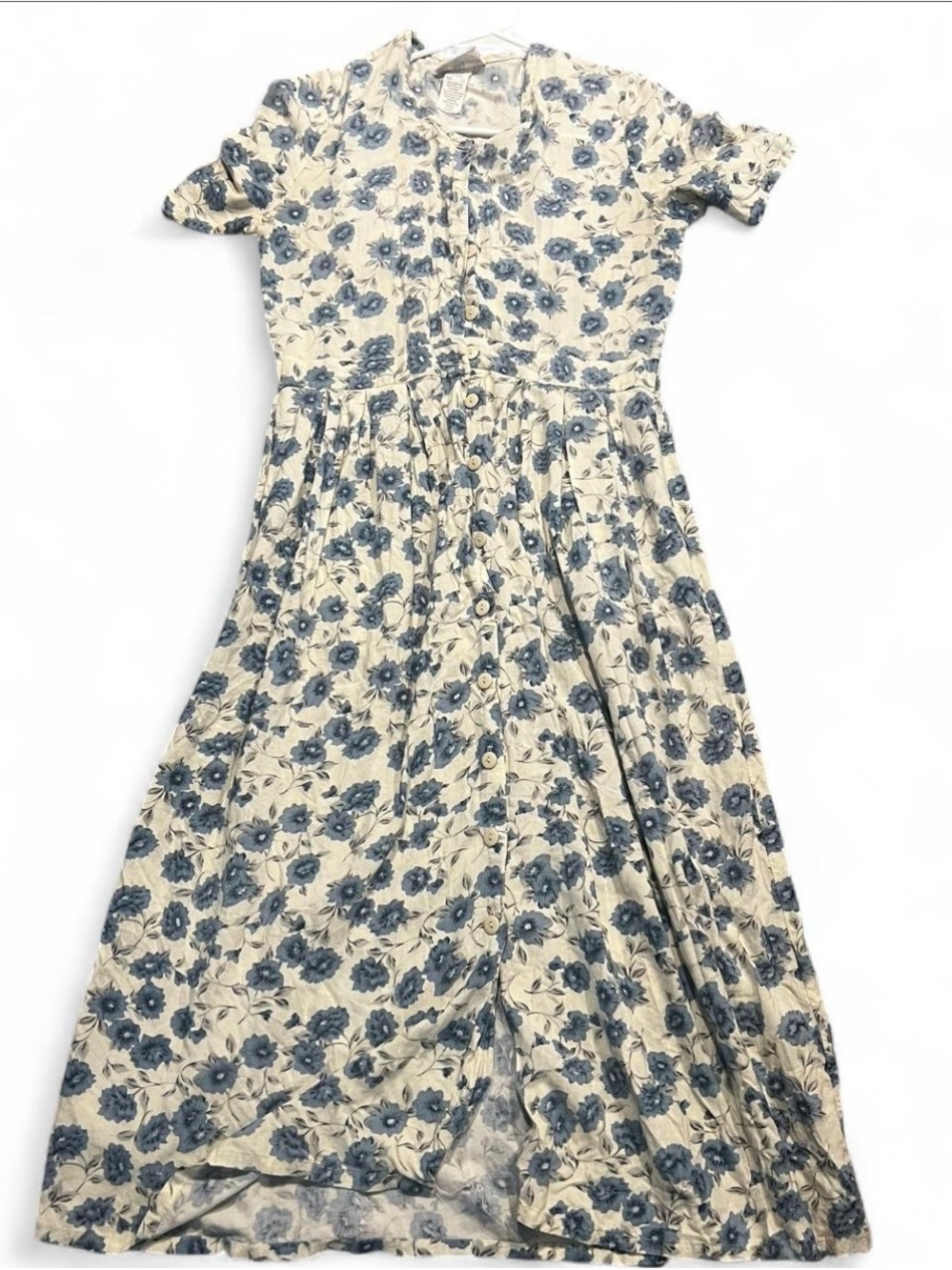 yellow  and Blue Floral Button-Front Casual Dress #90s #buttonfront #vintage